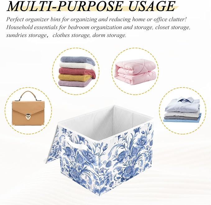 Flower Blue Lidded Storage Bins with Handles - 16.5x12.6x11.8 Foldable Organizing Box Oxford Fabric &amp Honeycomb Board Dust-Proof Flip Lid for Closet/Office