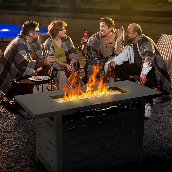 Hykolity 42 Inch Gas Fire Pit Table 60000 BTU Propane Pits for Outside with Steel Lid and Waterproof Cover 2 in 1 Firepit Table Gatherings Parties on Patio Deck Garden Backyard Black