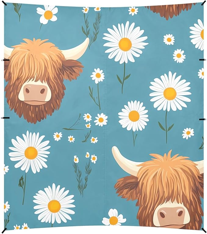 ALAZA Highland Cattle Daisy Pattern Beach Tent Sun Shelter Portable Canopy Sunshade for Outdoor Camping Picnics Backyard Fun 10x9 ft