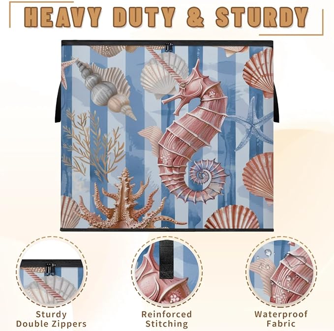 XL Large Clothes Storage with Lid Handle Starfish Shell And Seahorse Large Thick Clothes Blanket Storage Containers for Organizing Bedroom Closet Comforter Organization Storage Beach Theme