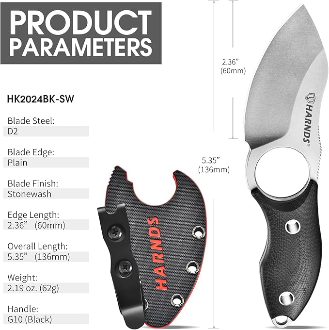 Harnds Small Fixed Blade Knife Full Tang Neck Camping Knife EDC with D2 Steel Blade and G10 Handle for Fishing and Skinning Eggplant