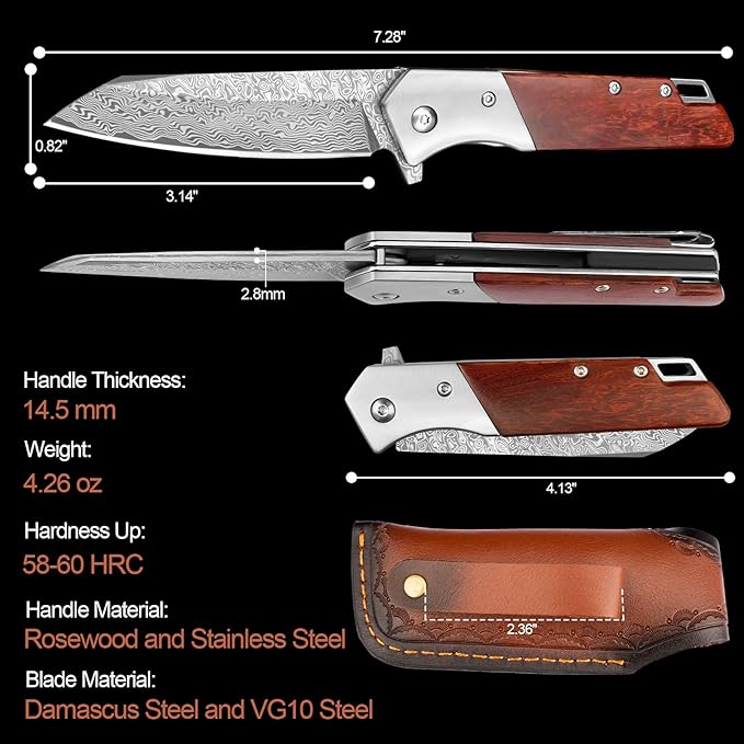KOMWERO Damascus Pocket Knife with Clip Leather Sheath 3.14 inch Sharp Damascus Steel Knife with Rosewood Handle EDC Damascus Folding Knife for Men Women Camping Collection