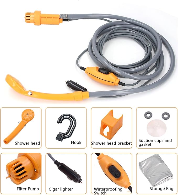 Portable Camping Shower Adjustable Water Flowing 2.5 L min with 3D Water Outlets for Outdoor Camping Hiking Pet Cleanliness Car Washing (Orange)