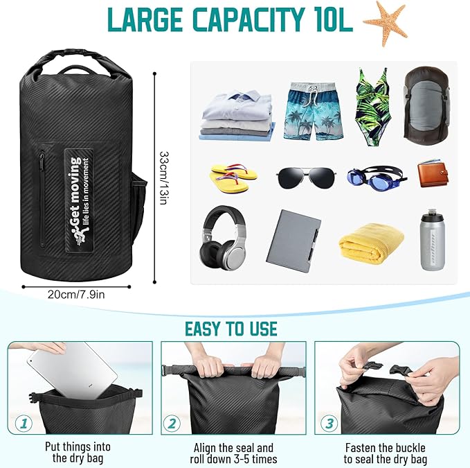 BKNOOU Dry Bag Waterproof Backpack for Women Men 10L/20L Roll Top Lightweight Dry Storage Bag Backpack for Travel Kayaking Boating Rafting Camping Hiking and Beach with Phone Pouch