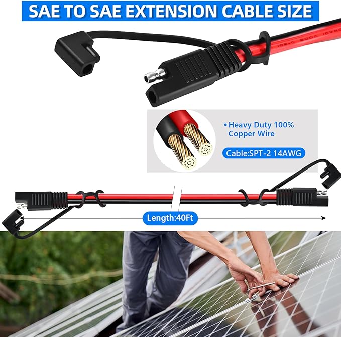 14 AWG 40 FT SAE Connector to SAE Battery Extension Cable Pure Copper 14 Gauge Power Quick Connect Cable for Cars Motorcycles Solar Panels RV