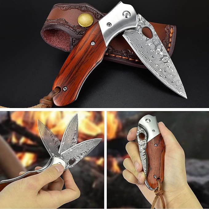KOMWERO Damascus Pocket Knife for Men VG10 Core Damascus Steel Folding Knife with Wood Handle Ball Bearing Thumb Hole Liner Lock Sheath for EDC Outdoor Survival Hunting