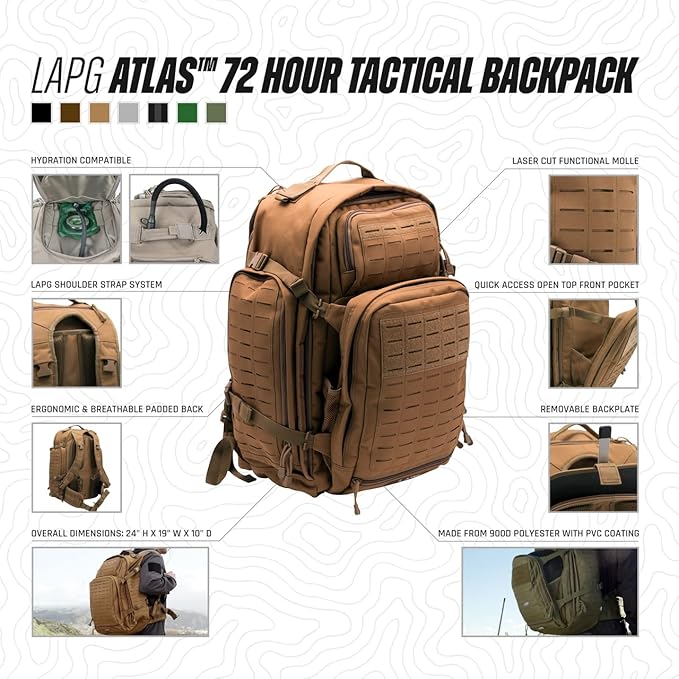 LA Police Gear Atlas 72 Hour Tactical Backpack for Men &amp Women Large Bug Out Bag with MOLLE System Hiking Hunting Combat Backpack OD Green