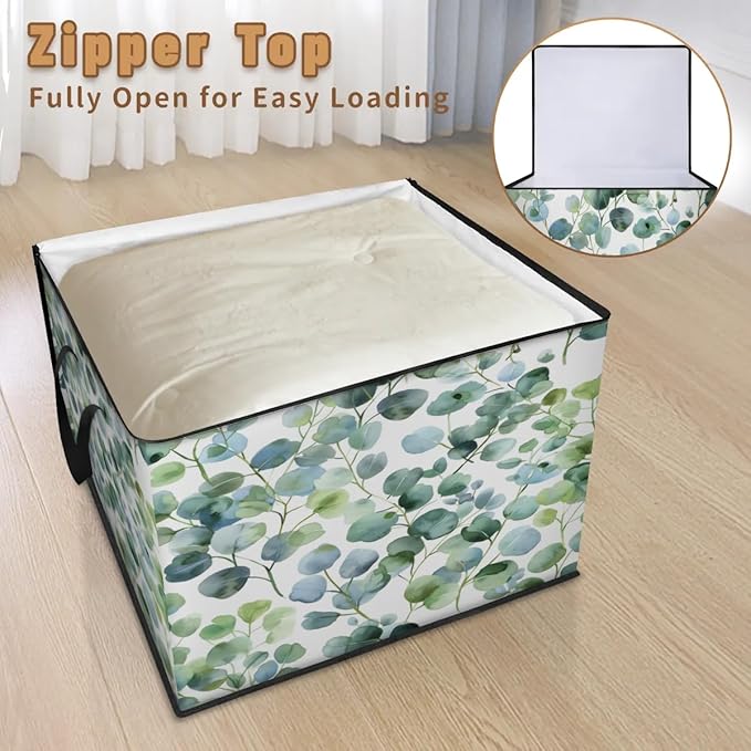 XL Large Clothes Storage with Lid Handle Green Eucalyptus Large Thick Clothes Blanket Storage Containers for Organizing Bedroom Closet Comforter Organization Storage Natural Plant Leave