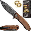 GOOD WORKER Folding Pocket Knife – Damascus Blade Guibourtia Wood Handle – Elegant Gift-Ready EDC Knife with Deep Carry Clip Legal in All States - Gifts for Men - 6700 D