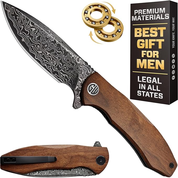 GOOD WORKER Folding Pocket Knife – Damascus Blade Guibourtia Wood Handle – Elegant Gift-Ready EDC Knife with Deep Carry Clip Legal in All States - Gifts for Men - 6700 D