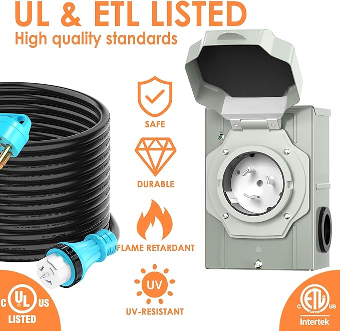UL Listed 50 Amp 15Feet Generator Cord and Power Inlet Box Combo Kit NEMA 14-50P Male to SS2-50R STW 6/3+8/1 AWG 125/250V Twist Locking with Inlet Box for Generator to House