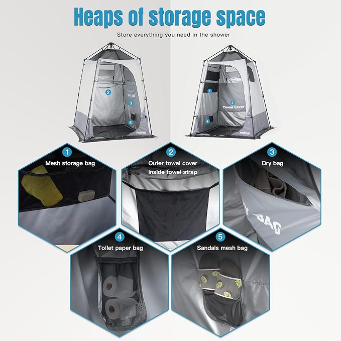 Camping Shower Tent Deluxe Changing Room Easy Set Up Privacy ShelterLarge Toilet Tent with Floor Drain Design for Beach CampingHiking with Stakes and Ropes for Stability