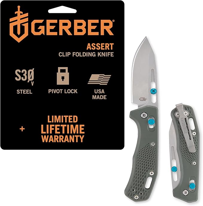 Gerber Gear Assert - Lockable Lightweight Pocket Knife with Deep Carry Pocket Clip &amp Textured Handle - Premium Safety Knife - 3 Inch Stainless Steel Plain Edge - Made in USA - Green
