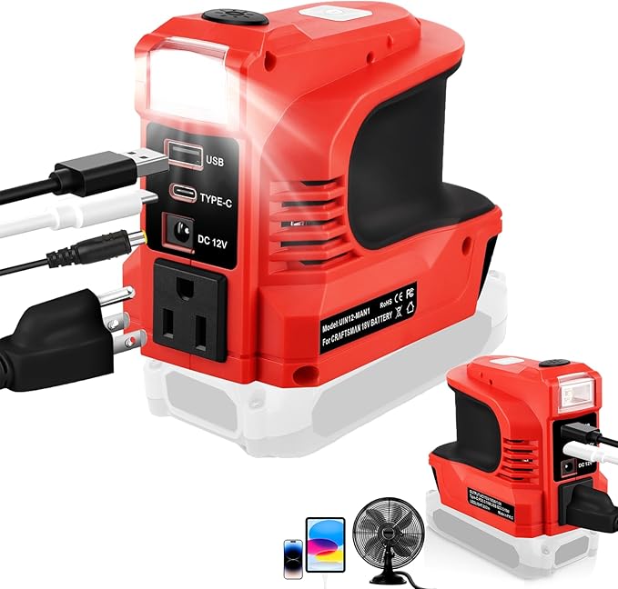 180W Power Inverter for Craftsman 20V DC 20V to AC 110-120V Battery Inverter 20 Volt Battery Powered Portable Power Source Supply Charger Adapter with USB&ampType-C&ampAC Outlet&ampLED Light