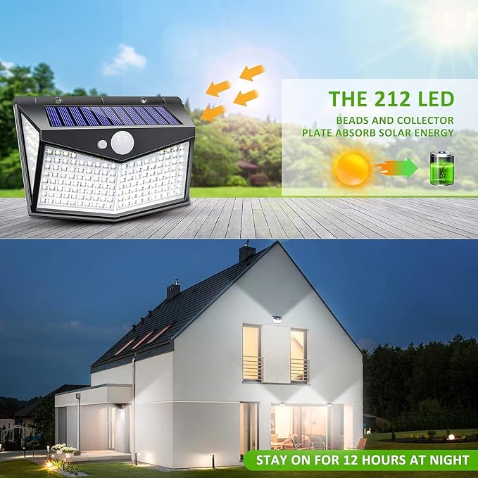 Solar Lights OutdoorUpgraded 212 LED/3 Modes Motion Sensor Security Lights w/270° Wide Lighting AngleIP65 Waterproof Wall Lights Solar PoweredBright for Yard Garden Outside (Solar Lights 2 Pack)