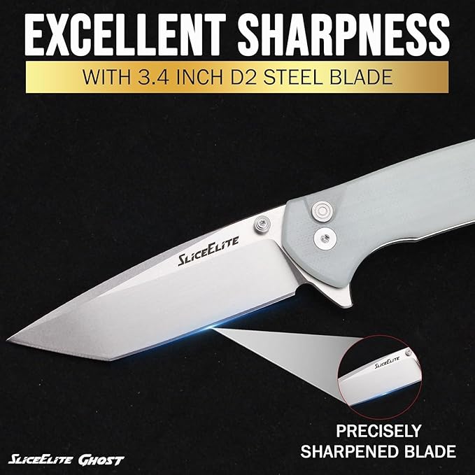 SliceElite Ghost EDC Knife 3.4 Inch D2 Steel Tanto Blade Translucent Green G10 Handle Button Lock Stainless Steel Pocket Clip Lightweight Compact Everyday Carry Knife