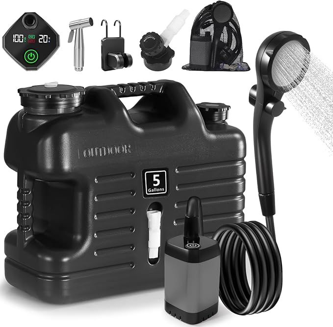 Digury Portable Camping Shower with 5 Gallon Water Jug 6000mAh Rechargeable Outdoor Camping Shower Kit IPX7 Waterproof Pump BPA Free Water Containers Camp Essentials