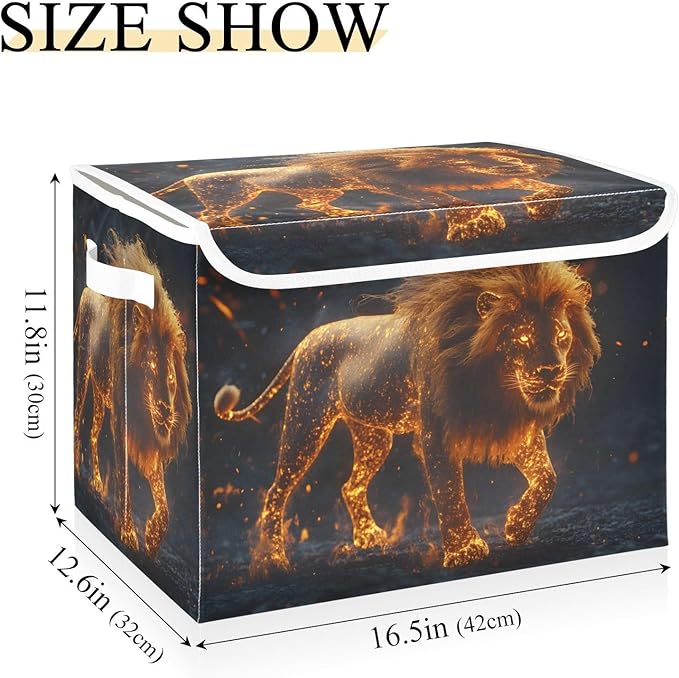 AIXIWAWA Lidded Storage Cube (Lion with Flame) Fabric Foldable Closet Bins with Flip Lid and Handles Organizer Basket Container 16.5 x 12.6 x 11.8 IN