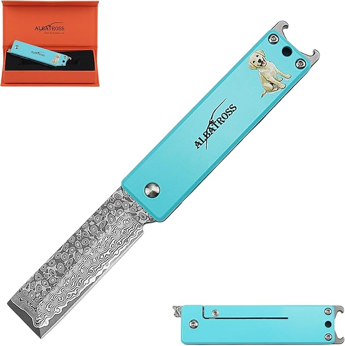 ALBATROSS Blue Damascus Cute Dog Pattern Pocket Knife - Stocking Stuffer for Men 3.5 Titanium Alloy Box Cutter - EDC Keychain Gadgets with Bottle Opener Mothers Day Fathers Day Gift for Dog Lovers