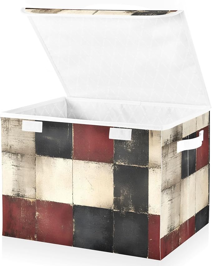 AIXIWAWA Lidded Storage Cube (Vintage Checkered) Fabric Foldable Closet Bins with Flip Lid and Handles Organizer Basket Container 16.5 x 12.6 x 11.8 IN