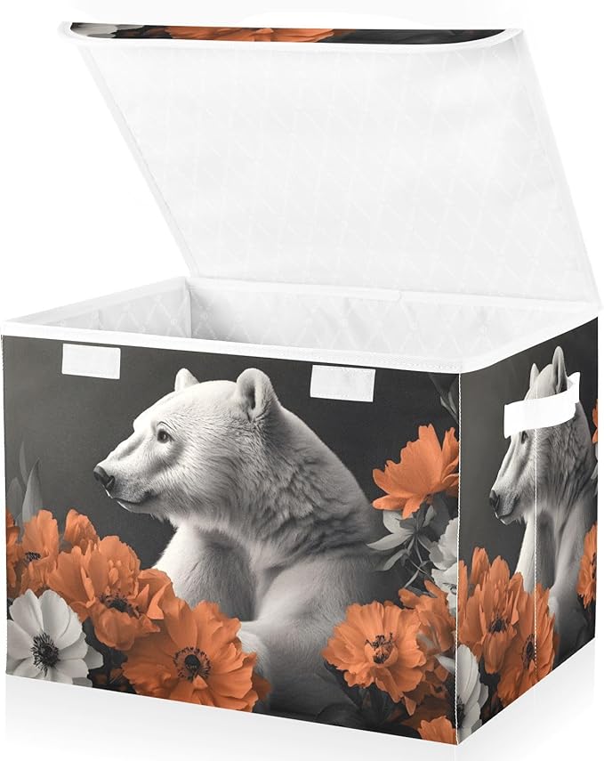 AIXIWAWA Lidded Storage Cube (Polar Bear Flower) Fabric Foldable Closet Bins with Flip Lid and Handles Organizer Basket Container 16.5 x 12.6 x 11.8 IN