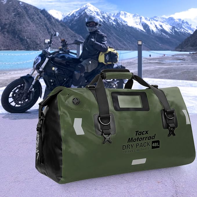 Waterproof Duffel Bag for Men/Women Roll-top Dry Backpack Duffel Bag with Quick-fixed Straps Motorcycle Tail Saddle Bag for Motorcycling Rafting Boating Kayaking Travel 48L-Green