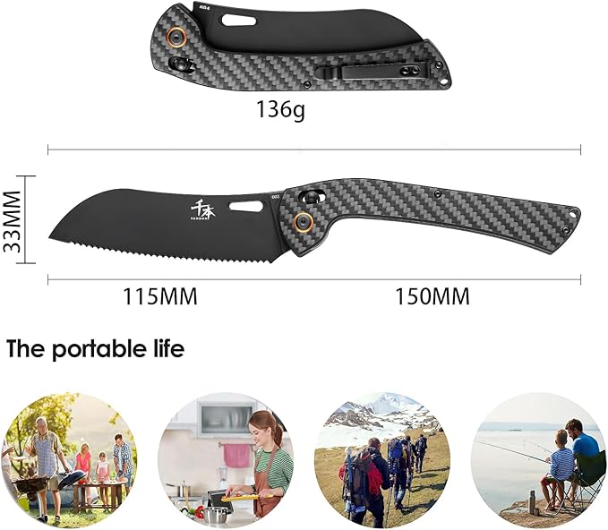 SENBON foldable knife AUS-8 stainless steel with black titanium plating carbon fiber handle with back clipbread knife