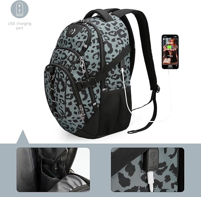 Swissdigital Laptop Backpack with USB Charging Port Travel Backpack Fits 15.6 inches Computer 31L Backpack for Men Gray Leopard | SD803-101