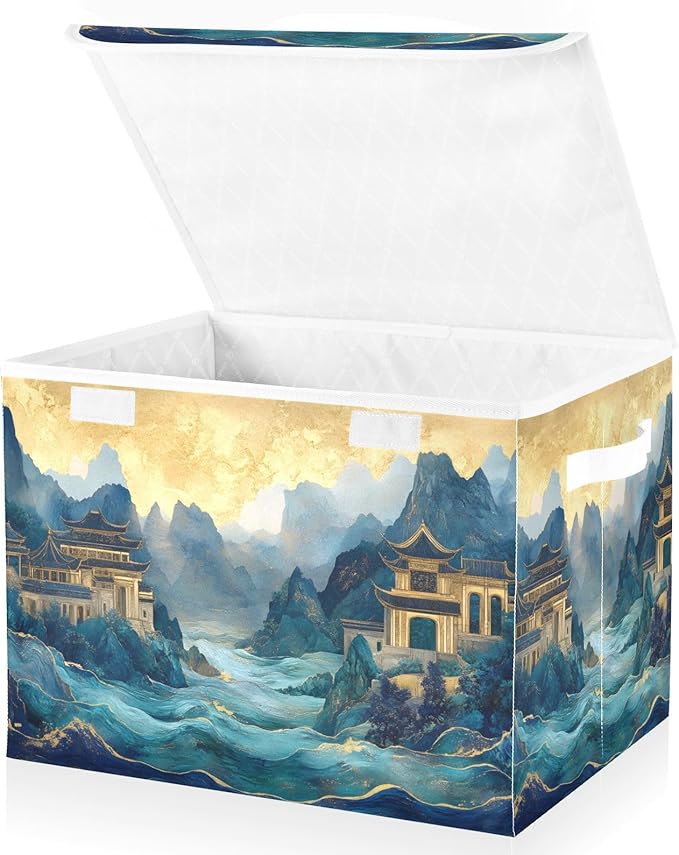 AIXIWAWA Lidded Storage Cube (Chinese Landscape) Fabric Foldable Closet Bins with Flip Lid and Handles Organizer Basket Container 16.5 x 12.6 x 11.8 IN