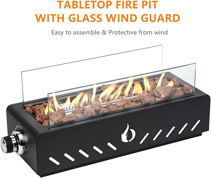 ONLYFIRE OUTDOOR LIVING 18 Propane Gas Fire Pit with Glass Wind Guard &amp Lava Rocks Portable Tabletop Smokeless Firepit Side-Mounted for Patio Backyard Camping Tailgating RV Hose Included FP026