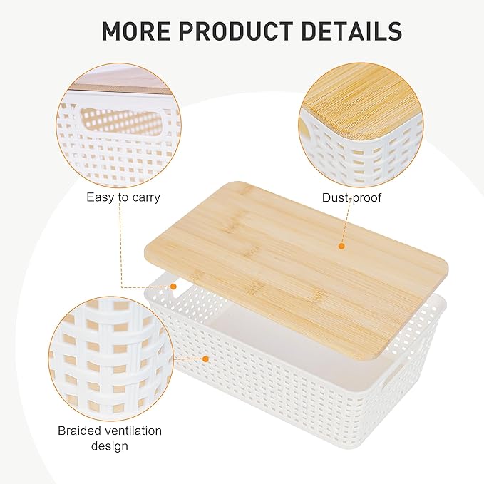 Storage Bins with Lids 8 Packs Plastic Storage Bins with Bamboo Lids for Pantry Organization and Storage Containers for Shelves Drawers Desktop Closet Playroom Classroom Office Home White