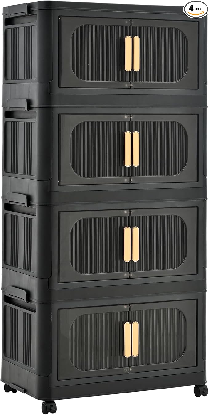 24 Side Wide Folding Storage Cabinet - Black 4-Tier Collapsible Storage Bin with Magnetic Door and Wheels for Living Room Kitchen Bedroom Garage