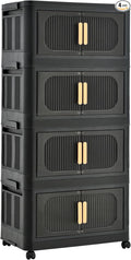 24 Side Wide Folding Storage Cabinet - Black 4-Tier Collapsible Storage Bin with Magnetic Door and Wheels for Living Room Kitchen Bedroom Garage