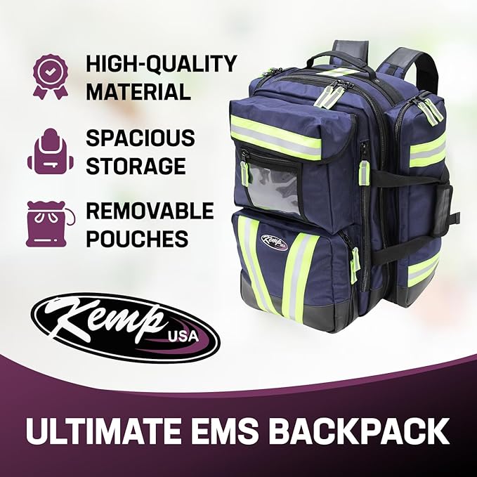 Kemp USA Premium Ultimate EMS Backpack for Men - Tactical Backpack Made with 1680 Denier Nylon - First Aid Kit EMS Bag with Multiple Pockets and Pouches - with D Tank Cylinder Straps (Premium Navy)