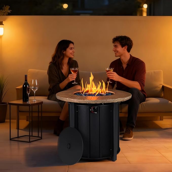 30 Inch Round Propane Fire Pit Table50000 BTU Outdoor Gas Firepit with Automatic Ignition &amp Lid CoverIron Steel Firepit for OutsidePatioDeckBackyard w Glass Stones &amp Rain Cover