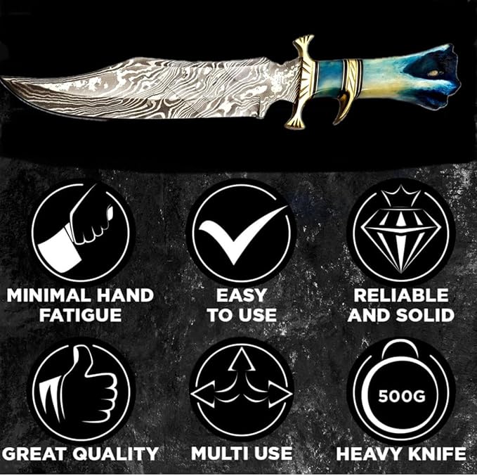 Hand Made Damascus Steel Collectible Bowie Knife Handle Camel Bone (Blue)