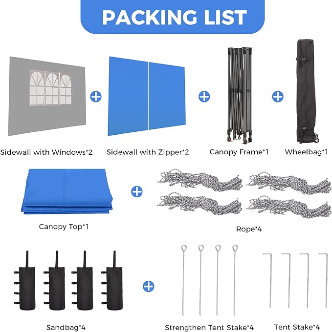 GDY 10x10 Patio Pop Up Canopy Tent with 4 Sidewalls Easy Set up with One Push Lift Outdoor Silver Coated Beach Gazebos Carpas with 4 Sandbags for Parks PartiesCamping Blue.