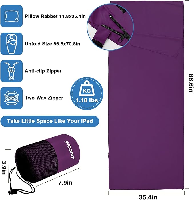 JAICOM Sleeping Bag Liner Travel Sheets &amp Adult Sleep Sack Ultralight and Portable Summer Sleeping Bag - Ideal for Backpacking Hotels and Hostels Business Trips Camping