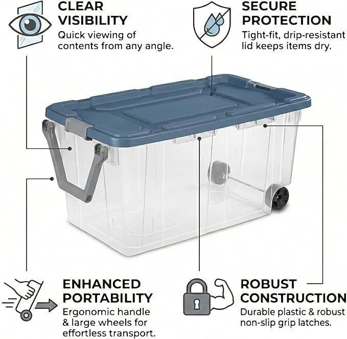 Storage Bins with Wheels 160 Quart 2 Pack Heavy Duty Clear Plastic Totes with Ergonomic Handle Non-Slip Latches Large Stackable Storage Containers for Home &amp Garage (Clear Blue)