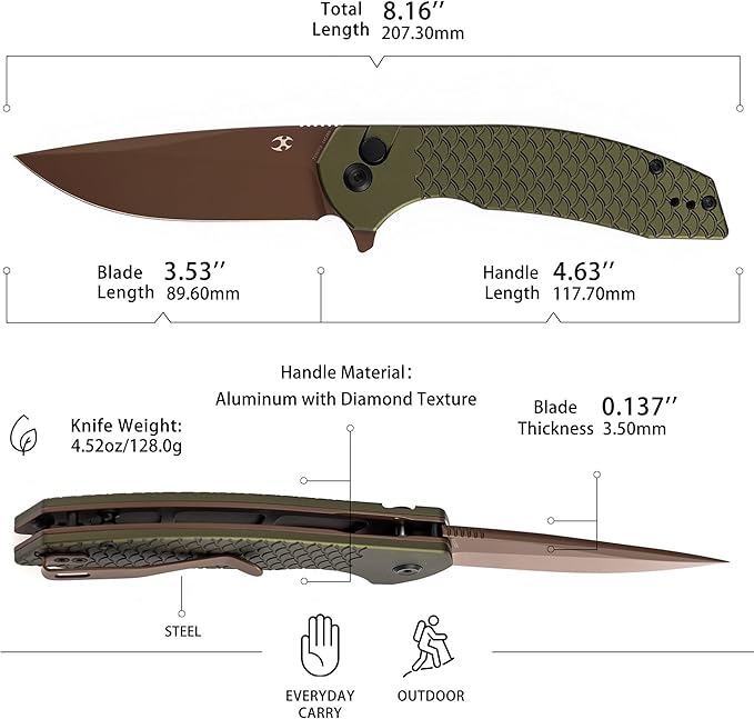 KANSEPT Accipiter Pocket Knife 3.53Rose Gold 14C28N BladeGreen Anodized Aluminum with Fish Scale Texture Handle Flipper Open &amp Button Lock Deep Clip EDC Folding Knives for Camping Hunting T10
