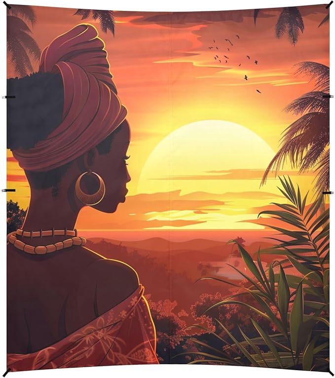 ALAZA Cartoon Beautiful African Woman Sunset Palm Tree Beach Tent Sun Shelter Portable Canopy Sunshade for Outdoor Camping Picnics Backyard Fun 10x9 ft