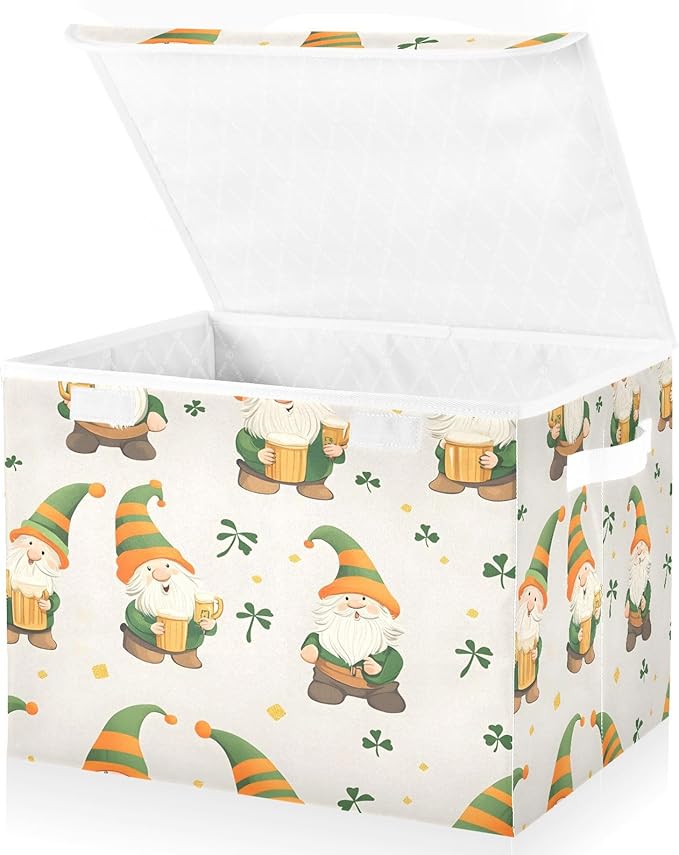 Christmas Storage Baskets with Lids St. Patrick's Day Cute Gnomes Collapsible Bins Stackable Fabric Linen Baskets Closet Organizer Container 16.5x12.6x11.8
