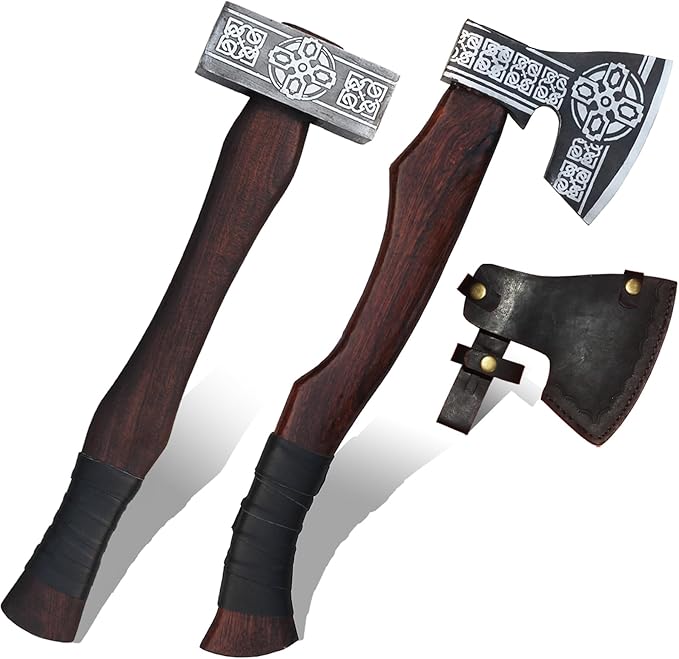 2pcs Ultimate Handmade Viking Axe &amp Hammer Set Viking Collectibles Viking Battle Axe with Handmade Leather Sheath and Hand Forged Viking Hammer Viking Bearded Axe with Viking Hammer Gift for M