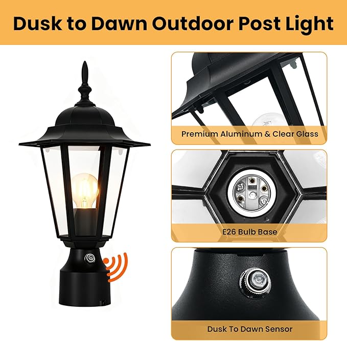 15 Dusk to Dawn Outdoor Post Light Modern Black Outdoor Lamp Post Light Fixture Lamp Posts Exterior Lighting Pole Lantern for Outside Porch Garage Street Waterproof Aluminum &amp Glass 1 Pack E