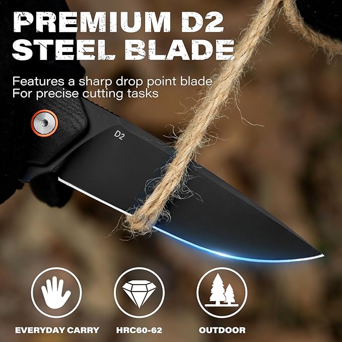 DISPATCH Black EDC Folding Knife with 3.3'' D2 Steel Blade Flipper Pocket Knife for Men Gifts Ball Bearing Liner Lock CNC G10 Handle and Reversible Clip for Tactical Camping Hiking and Everyday C