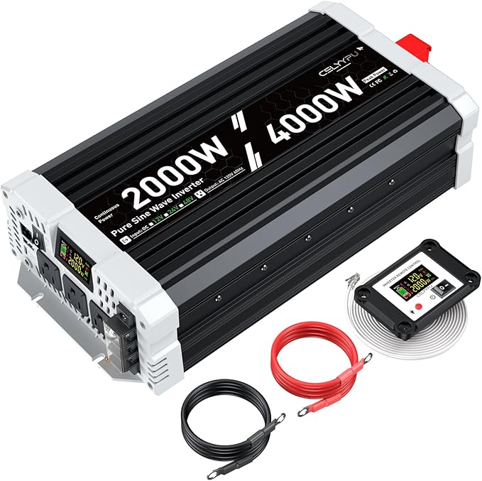 2000 watt Pure sine Wave Inverter 12V DC to 110V AC Power Inverter with 3 AC Output sockets USB Port Type-C Port Remote Control with LCD Screen Used for Solar Emergency Power Supply in RV Homes