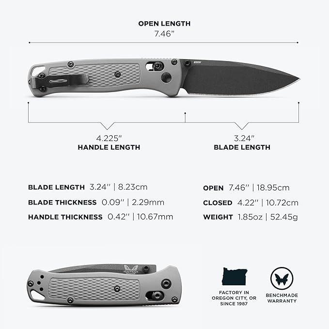 Benchmade - Bugout Outdoor EDC Folding Knife Slim Lightweight Plain Edge Drop-Point Blade CPM-S30V Stainless Steel (58-60HRC) Grivory Handle (535BK-08)