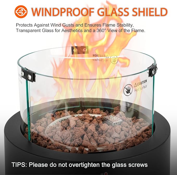 ONLYFIRE OUTDOOR LIVING 15.7 Portable Propane Gas Fire Pit Side-Mounted Modern Tabletop Fireplace Smokeless Firepit with Glass Wind Guard for Patio Camping RV Tailgating 23000BTU Round FP038