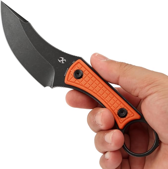KANSEPT Niko Fixed Blade Knife 3.54'' Blackwash D2 Sharp Blade with Orange G10 + Frag Pattern Handle Adjustable Kydex Sheath for Edc Hunting Survival Camping G004A10