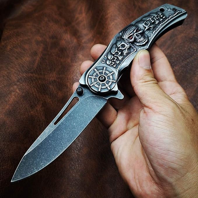 Stonewashed Spring Assist Opening Pocket Knife - Hunting Camping Fishing Tools